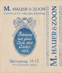 711237 Linkerzijkant van een nota van M. Hauer & Zoon, Fabriek en Magazijn van Meubelen, Bedden, Dekens, Spiegels, ...